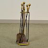Four Brass Belted Ball-top Fireplace Tools and a Stand, ht. to 31 in.