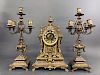 Tiffany Brass Clock and Garniture Set