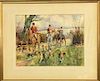 Framed and Matted Watercolor of a Fox Hunt