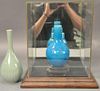 Two small glazed Asian vases to include Chinese blue glazed bottle vase with handles marked on bottom and a Korean celadon gl