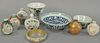Group of Chinese porcelain to include group of six snuff bottles, bracelet, porcelain stem cup, demitasse tea cup with painte