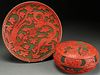TWO CHINESE CARVED CINNABAR TWO COLOR LACQUER