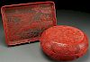 A CHINESE CARVED CINNABAR COVERED BOX AND TRAY