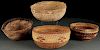 FOUR HUPA BASKETRY BOWLS AND HATS