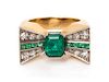 A Platinum Topped Yellow Gold, Emerald and Diamond Bow Motif Ring, 7.10 dwts.