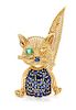 * An 18 Karat Yellow Gold, Sapphire and Emerald Cat Brooch, Circa 1960, 12.20 dwts.