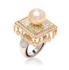 An 18 Karat Bicolor Gold, Pearl, Cultured Golden South Sea Pearl, Diamond and Colored Diamond Ring, 11.80 dwts.