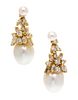 A Pair of Yellow Gold, Cultured Pearl and Diamond Earrings, 10.20 dwts.