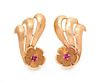 A Pair of Retro 14 Karat Rose Gold and Ruby Flower Motif Earclips, 6.00 dwts.