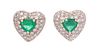 A Pair of Bicolor Gold, Emerald and Diamond Heart Motif Earclips, 6.80 dwts.