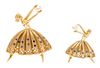 A Pair of Yellow Gold, Sapphire and Cultured Pearl Ballerina Brooches, 18.40 dwts.