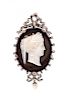 A Victorian Silver Topped Gold, Onyx Cameo, Diamond and Pearl Brooch,