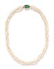 A 14 Karat Yellow Gold, Emerald and Seed Pearl Multistrand Torsade Necklace, Austrian,