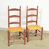 Two Red-painted and Turned Maple Ladder-back Chairs, ht. to 39 in.