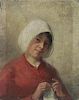 ARENZ, Max. Oil on Panel. Woman Knitting.