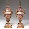 Pair Louis XXI style bronze, marble urn lamps