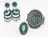 Navajo Turquoise Cluster Cuff Bracelet, Ring, and Earrings