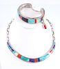 Ben Nighthorse Campbell (Cheyenne, b. 1933) Silver Inlaid Cuff Bracelet and Choker Necklace