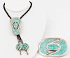 Dickie and Amy Quandelacy (Zuni, 20th century) Turquoise and Silver Belt Buckle AND Bolo