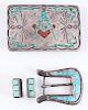 Navajo Silver Belt Buckle with Turquoise and Coral Freemason Symbol PLUS