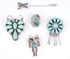 Collection of Zuni and Navajo Silver and Turquoise Brooches AND Hat Pin