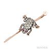 Antique Diamond Frog Brooch, set with old mine- and rose-cut diamonds, with cabochon ruby eyes, silver and gold mount, with p