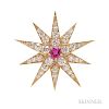 Antique Ruby and Diamond Pendant/Brooch, designed as a starburst centering a prong-set oval ruby, surrounded by bead-set old 