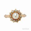 Antique Gold, Pearl, and Diamond Ring, the pearl measuring approx. 5.70 mm, framed by old European-cut diamonds.