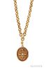 Antique Gold Locket and Chain, the locket with split pearl and black tracery enamel, suspended from ribbed links, 22.1 dwt, l