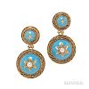 Antique Gold and Enamel Earrings, each two blue enamel domes with seed pearl and wiretwist accents, lg. 1 1/4 in.