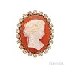 Antique 18kt Gold, Hardstone Cameo, and Diamond Slide, the cameo depicting a maiden with upswept hair wearing a garland of be