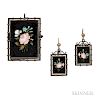 Antique Silver and Pietra Dura Brooch and Earrings, depicting roses, bellflowers, and forget-me-nots, lg. 1 5/8, 1 in.