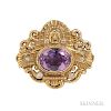 Art Nouveau Amethyst and Diamond Brooch, bezel-set with an oval-cut amethyst and depicting a stylized Mesoamerican god with f