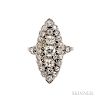 Antique Diamond Ring, France, the navette set with old European-cut diamonds, approx. total wt. 1.25 cts., silver and gold mo