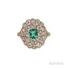 Antique 18kt Gold, Emerald, and Diamond Ring, centering an emerald-cut emerald surrounded by old European-cut diamonds, appro
