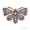 Antique Butterfly Brooch, set with rose-cut diamonds, sapphire and ruby accents, with split pearls, silver and gold mount, lg