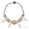 Antique Silver, Coral, and Blister Pearl Necklace, the collar with button coral and bezel-set pearls, enamel accents, lg. 15 