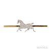 Antique Diamond Horse Brooch, pave-set with old European-cut diamonds, ruby-eye, platinum-topped gold mount, on a gold bar pi