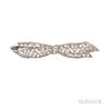 Art Deco Platinum and Diamond Bow Brooch, the finely pierced bow set with old European-cut diamonds, calibre-cut sapphire acc