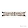Art Deco Platinum, Diamond, and Onyx Brooch, designed as a bow bead-set with old European- and single-cut diamonds and French