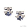 Sapphire and Diamond Earrings, Tiffany & Co., c. 1940, each designed as a bow, palladium and platinum mounts, lg. 5/8 in., si