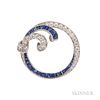 Platinum, Diamond, and Sapphire Brooch, designed as a circle with channel-set sapphires and bead- and channel-set baguette an