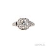Platinum and Diamond Ring, the transitional-cut diamond weighing approx. 1.50 cts., and single-cut diamond melee, size 7 1/2.