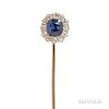 Antique Sapphire and Diamond Stickpin, the cushion-cut sapphire measuring approx. 6.50 x 5.70 x 3.50 mm, framed by old Europe