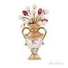 18kt Gold, Baroque Cultured Pearl, and Carved Ruby Brooch, depicting flowers in a handled vase, with carved ruby and cultured