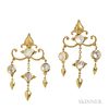 22kt Gold and Moonstone Earrings, Paula Crevoshay, the chandelier earpendants set with moonstone cabochons, lg. 2 in., signed