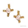 18kt Gold and Baroque Pearl Earclips, Nicholas Varney, each centering a pink pearl, 22.7 dwt, signed, lg. 1 1/2 in.