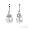 18kt White Gold, South Sea Pearl, and Diamond Earrings, each pearl measuring approx. 13.00 mm, lg. 1 1/4 in.