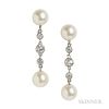 Cultured Pearl and Diamond Earrings, the pearls joined by bezel-set old European- and full-cut diamonds, lg. 1 1/2 in.
