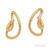 18kt Gold and Diamond Earrings, the matte gold hoops set with full-cut diamonds, 15.4 dwt, lg. 1 3/4 in.